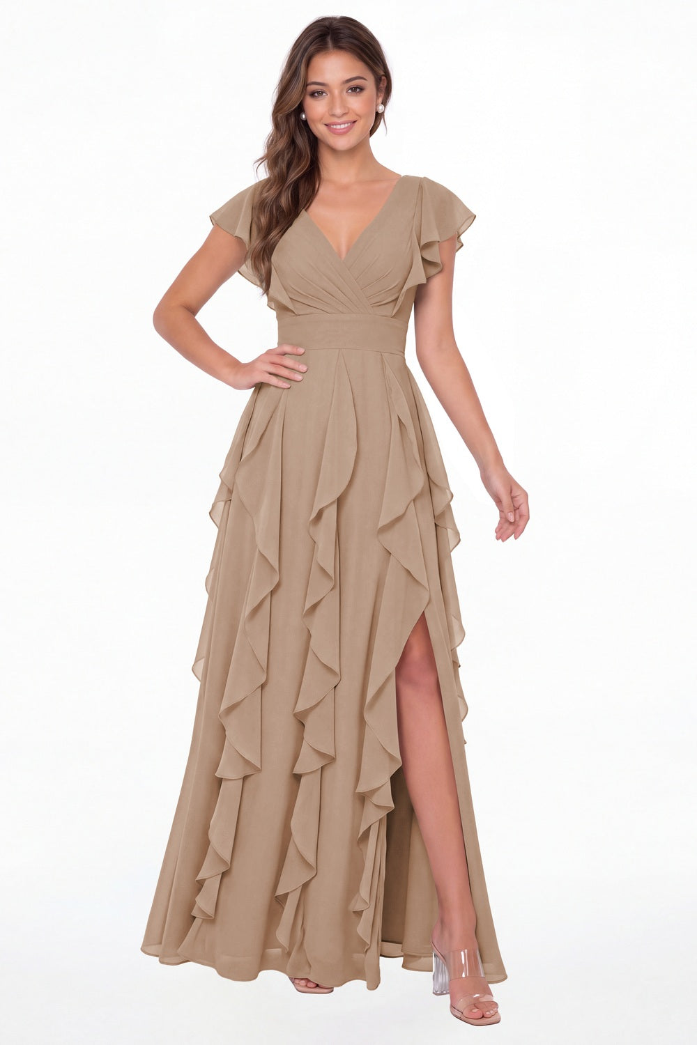 Taupe V-Neck Flutter Sleeve Chiffon Ruffle Slit Maxi Gown - Front View
