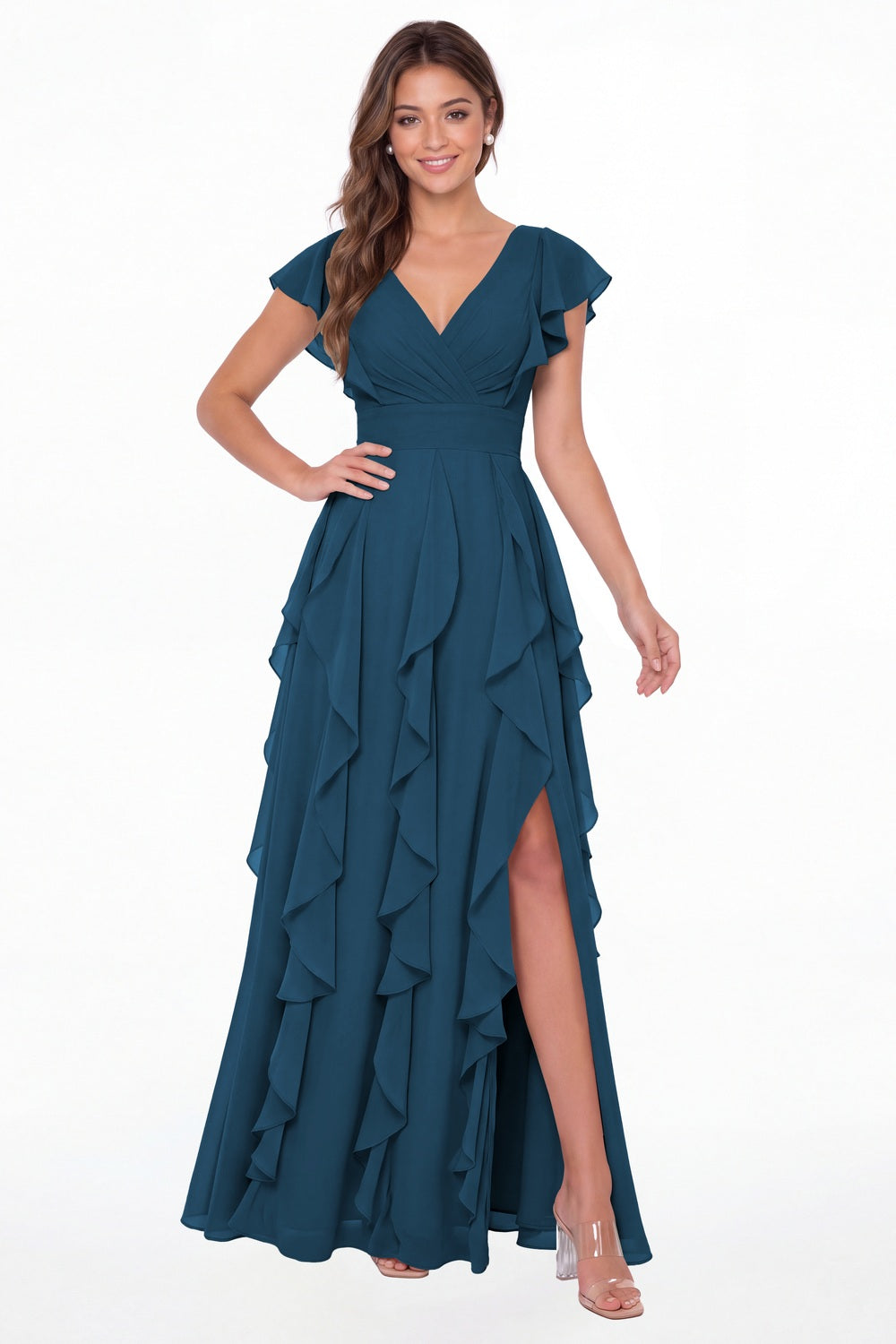 Teal V-Neck Flutter Sleeve Chiffon Ruffle Slit Maxi Gown - Front View