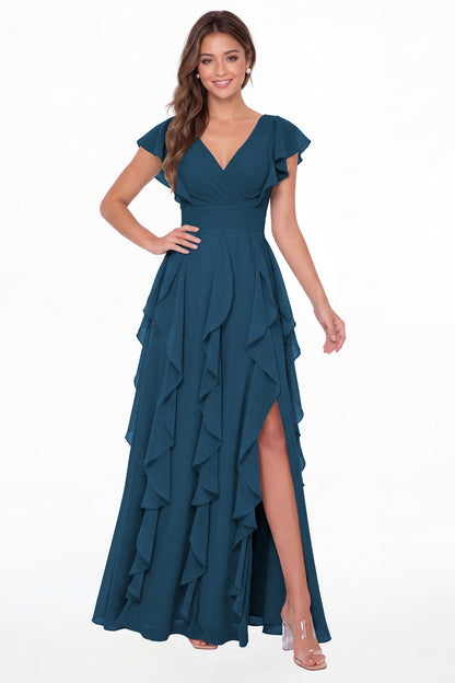Teal V-Neck Flutter Sleeve Chiffon Ruffle Slit Maxi Gown - Front View
