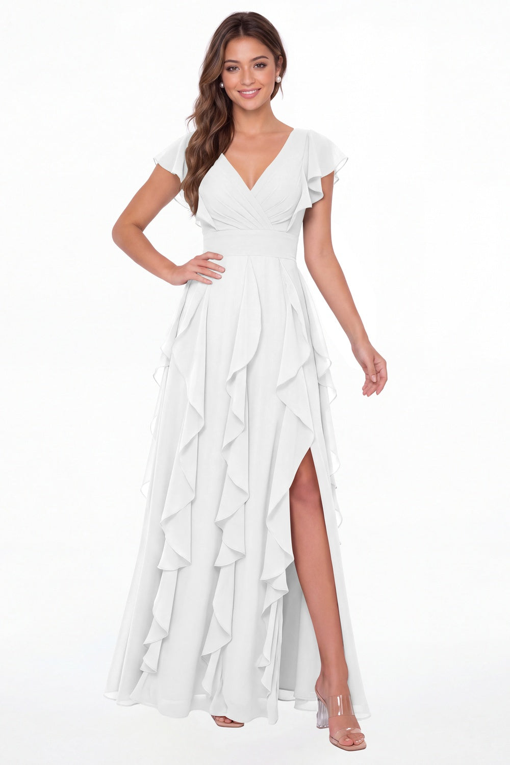 White V-Neck Flutter Sleeve Chiffon Ruffle Slit Maxi Gown - Front View