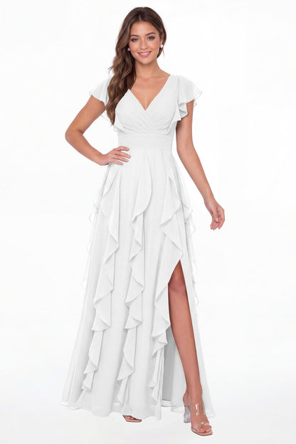 White V-Neck Flutter Sleeve Chiffon Ruffle Slit Maxi Gown - Front View