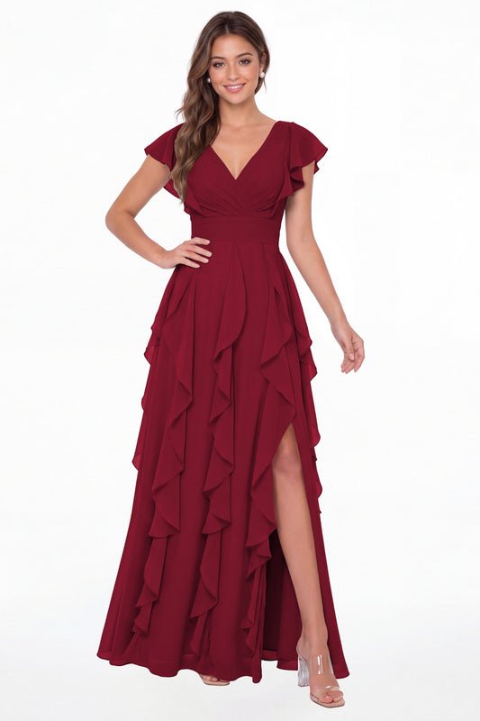Wine Red V-Neck Flutter Sleeve Chiffon Ruffle Slit Maxi Gown - Front View