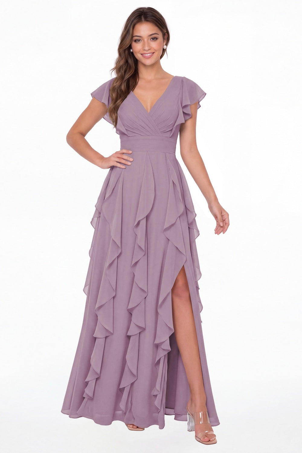 Wisteria V-Neck Flutter Sleeve Chiffon Ruffle Slit Maxi Gown - Front View