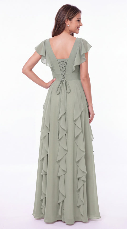 V-Neck Flutter Sleeve Chiffon Ruffle Slit Maxi Gown - Back View
