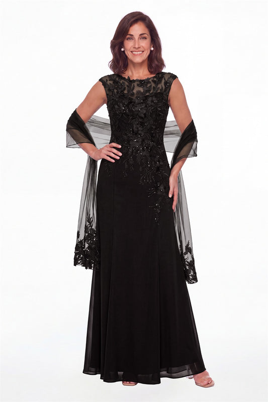 Black Lace Applique Scoop Neck Chiffon Sheath Maxi Gown - Front View