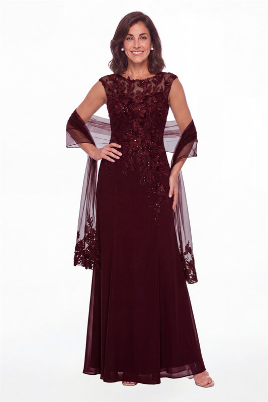 Burgundy Lace Applique Scoop Neck Chiffon Sheath Maxi Gown - Front View