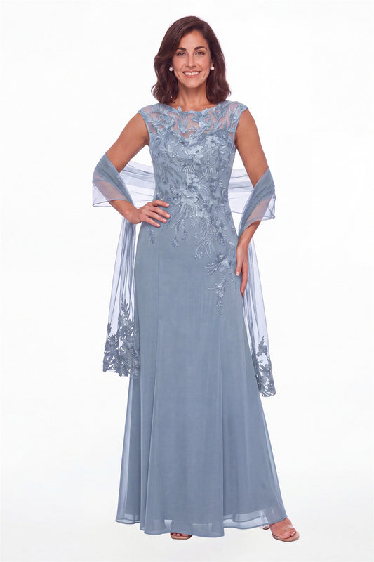 Dusty Blue Lace Applique Scoop Neck Chiffon Sheath Maxi Gown - Front View