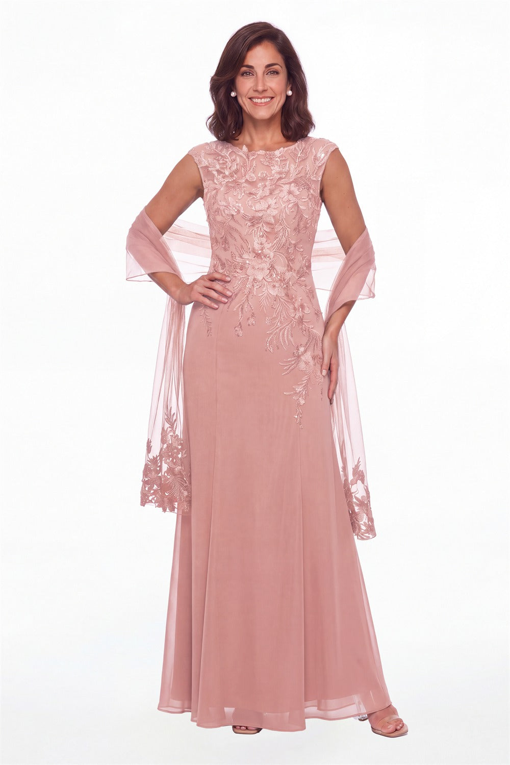Dusty Rose Lace Applique Scoop Neck Chiffon Sheath Maxi Gown - Front View
