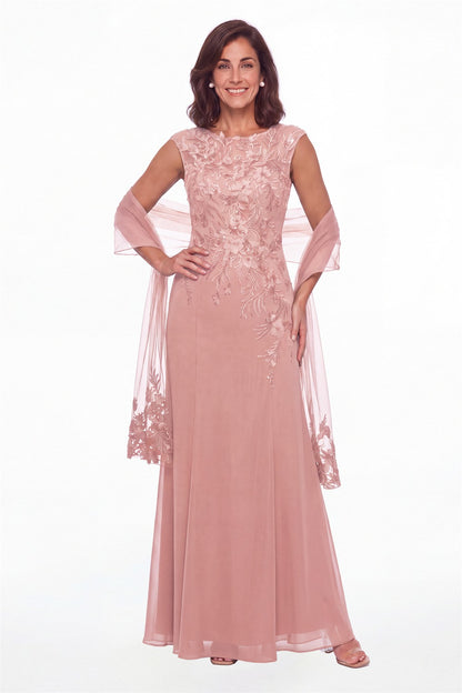 Dusty Rose Lace Applique Scoop Neck Chiffon Sheath Maxi Gown - Front View