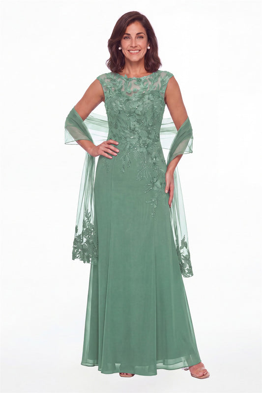 Eucalyptus Lace Applique Scoop Neck Chiffon Sheath Maxi Gown - Front View