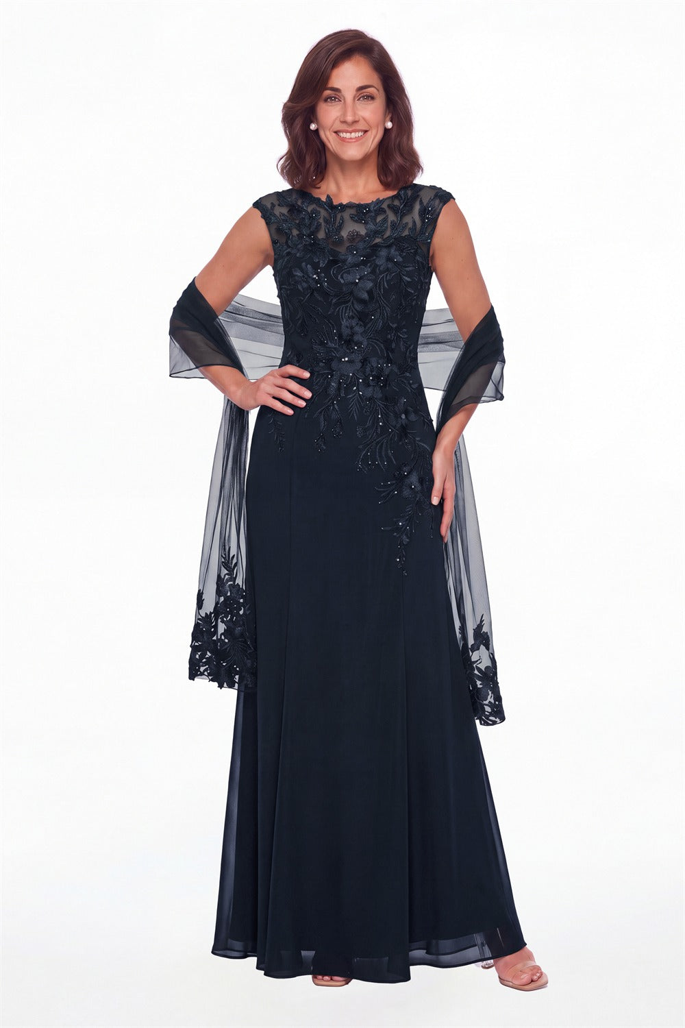 Navy Blue Lace Applique Scoop Neck Chiffon Sheath Maxi Gown - Front View