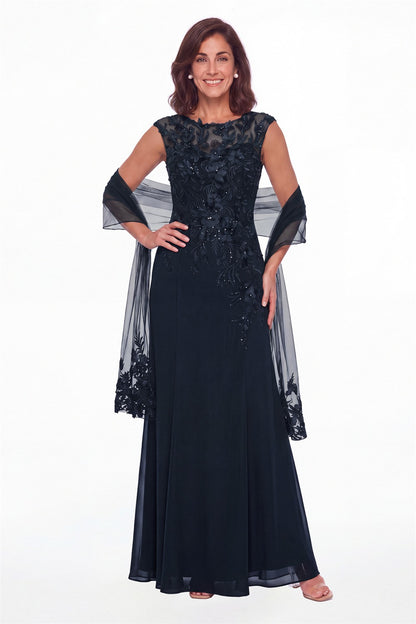 Navy Blue Lace Applique Scoop Neck Chiffon Sheath Maxi Gown - Front View