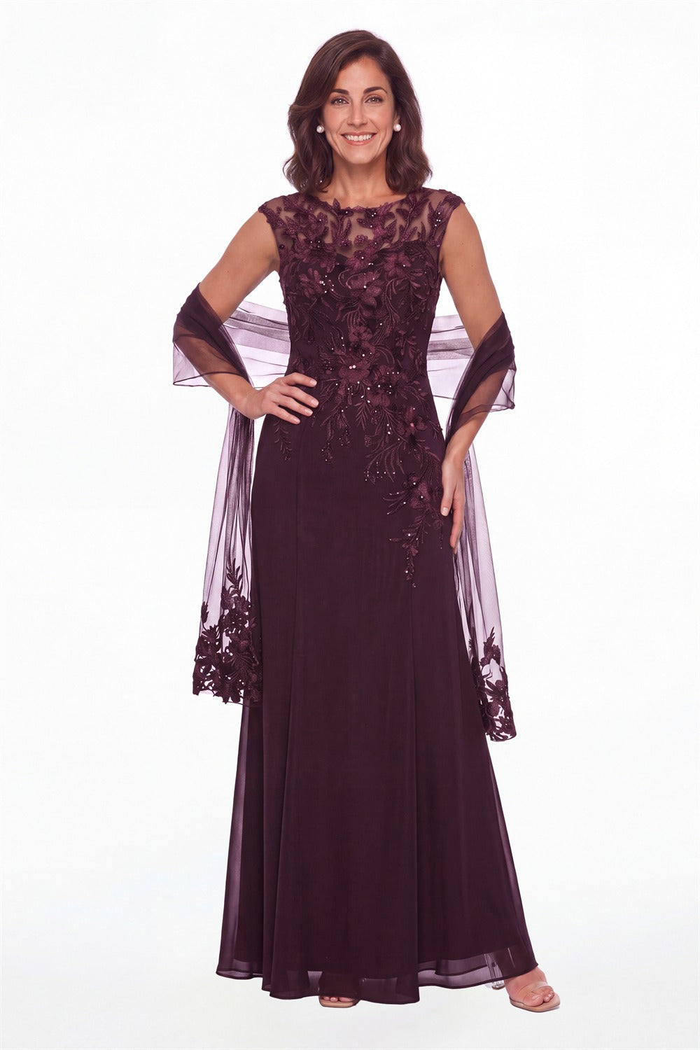 Plum Lace Applique Scoop Neck Chiffon Sheath Maxi Gown - Front View