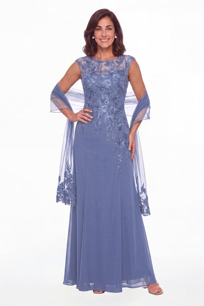 Steel Blue Lace Applique Scoop Neck Chiffon Sheath Maxi Gown - Front View
