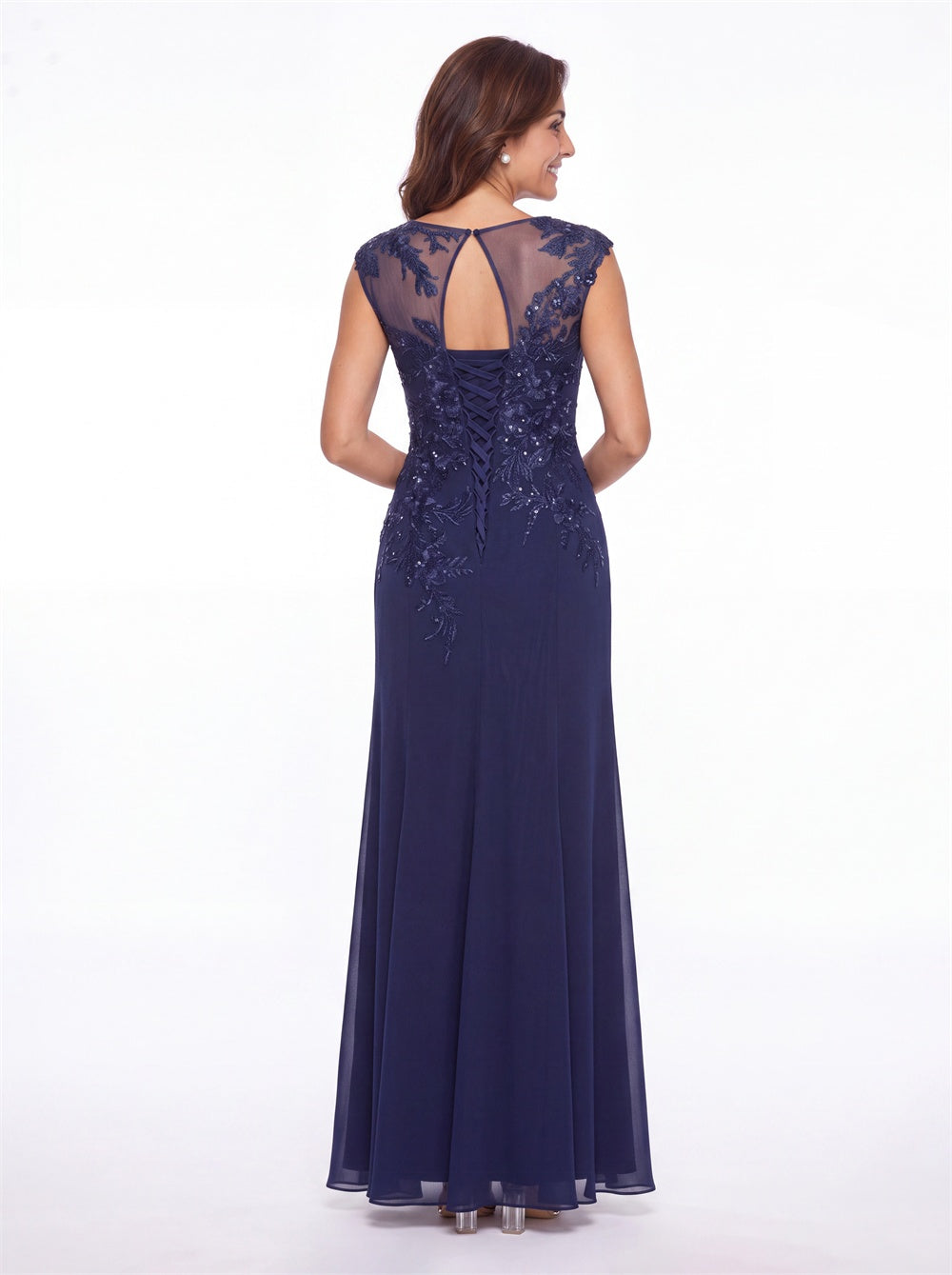 Lace Applique Scoop Neck Chiffon Sheath Maxi Gown - Back View