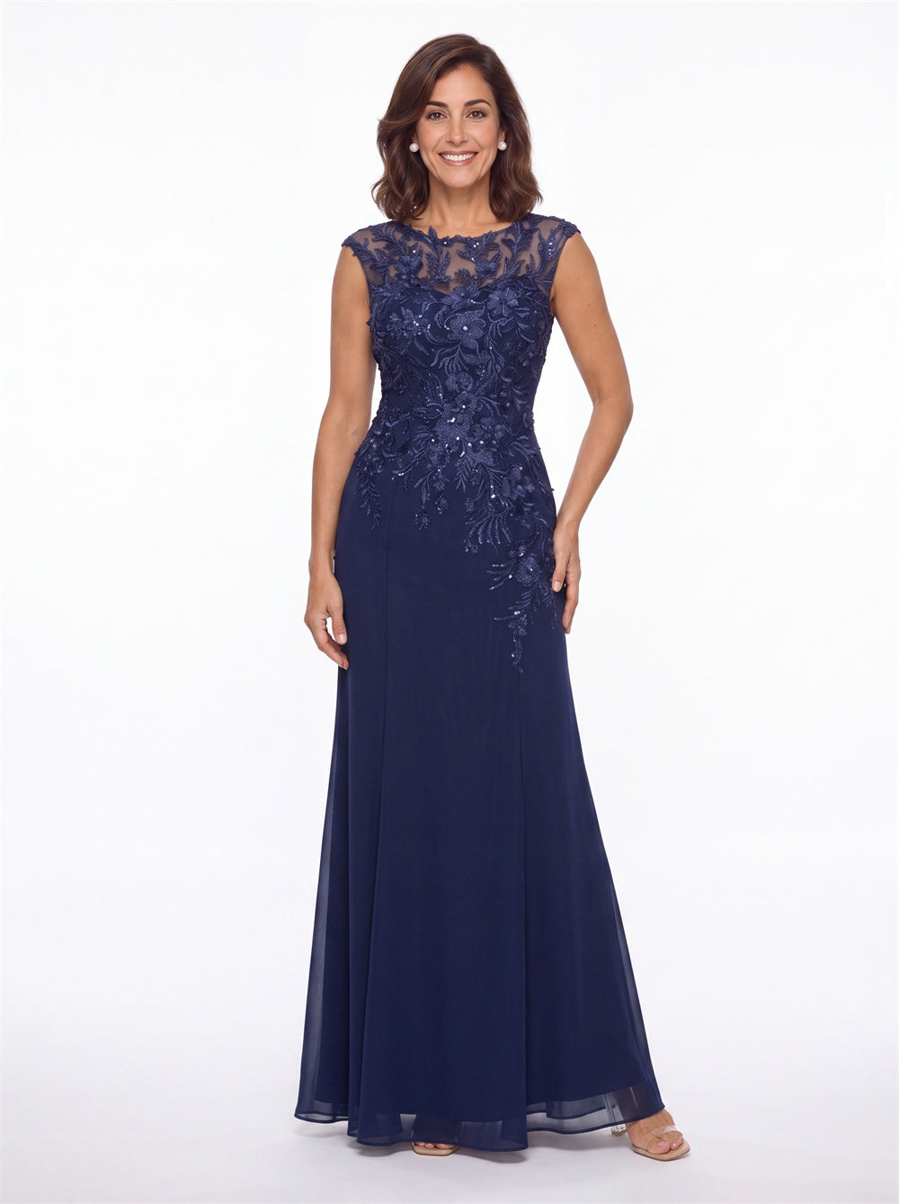 Lace Applique Scoop Neck Chiffon Sheath Maxi Gown - Detail View 1