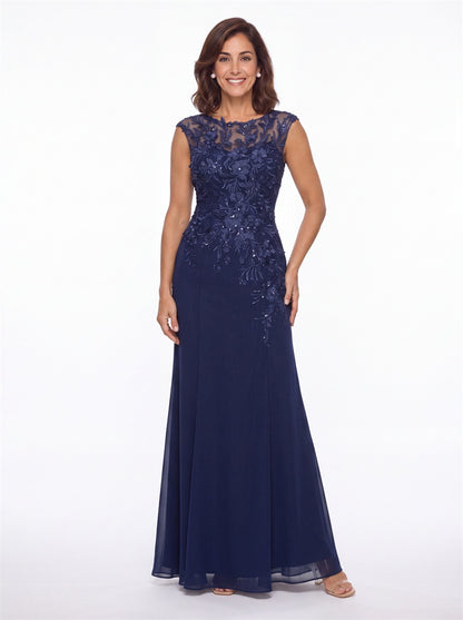 Lace Applique Scoop Neck Chiffon Sheath Maxi Gown - Detail View 1