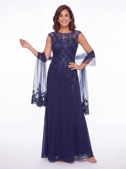 Lace Applique Scoop Neck Chiffon Sheath Maxi Gown - Detail View 3