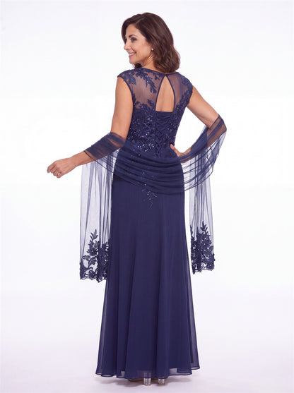 Lace Applique Scoop Neck Chiffon Sheath Maxi Gown - Detail View 4