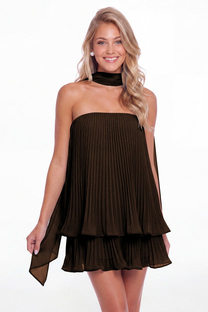 Brown Two-Way Strapless Pleated Chiffon Tiered Mini Dress - Front View