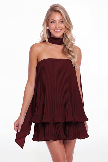 Burgundy Two-Way Strapless Pleated Chiffon Tiered Mini Dress - Front View