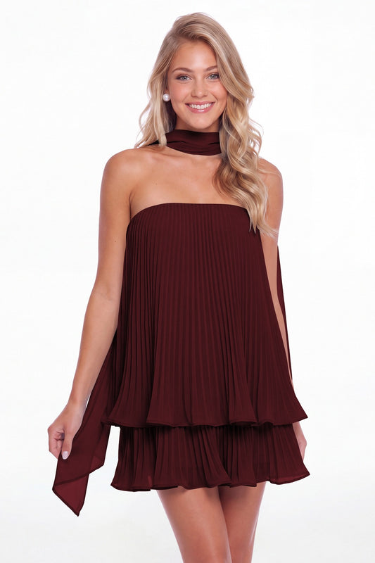 Burgundy Two-Way Strapless Pleated Chiffon Tiered Mini Dress - Front View