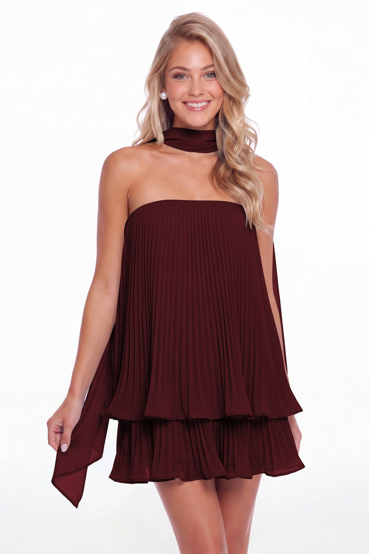 Burgundy Two-Way Strapless Pleated Chiffon Tiered Mini Dress - Front View