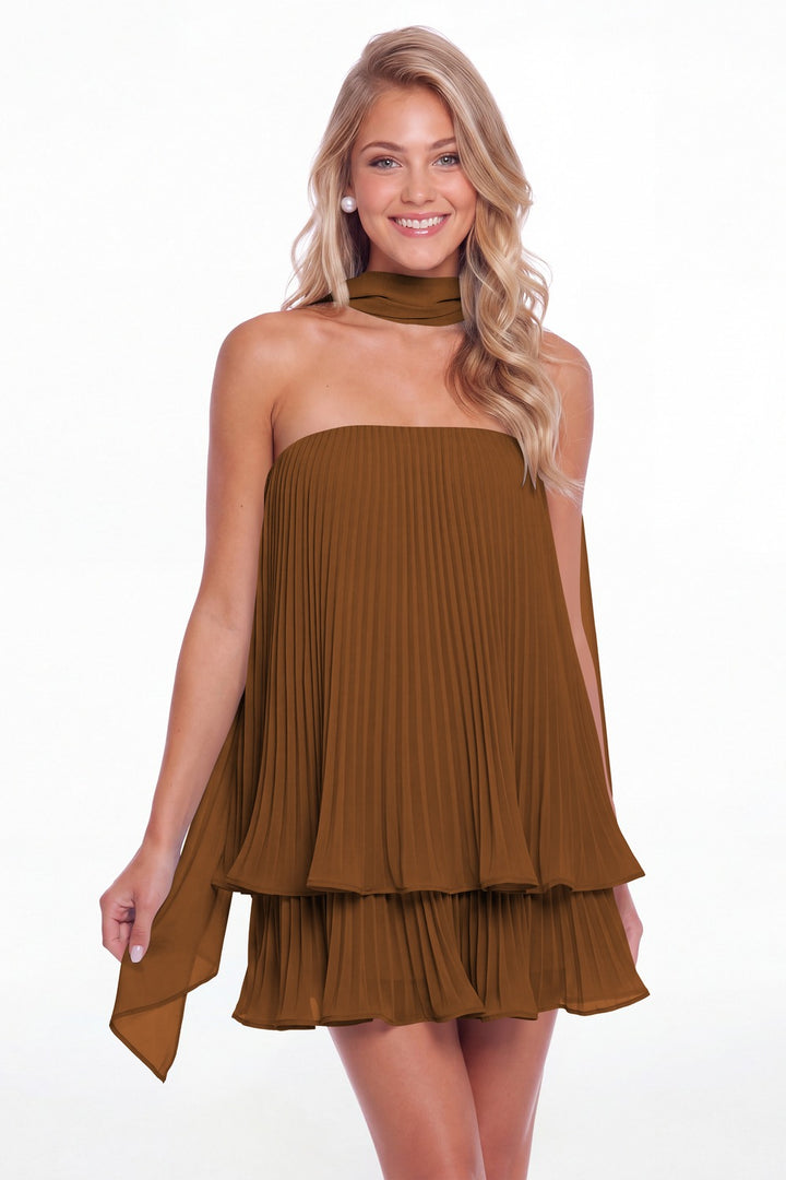 Burnt Orange Two-Way Strapless Pleated Chiffon Tiered Mini Dress - Front View