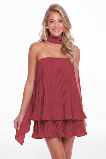Desert Rose Two-Way Strapless Pleated Chiffon Tiered Mini Dress - Front View