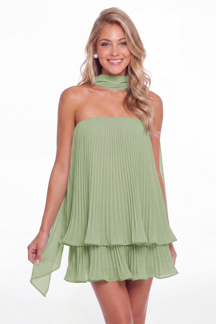 Dusty Sage Two-Way Strapless Pleated Chiffon Tiered Mini Dress - Front View