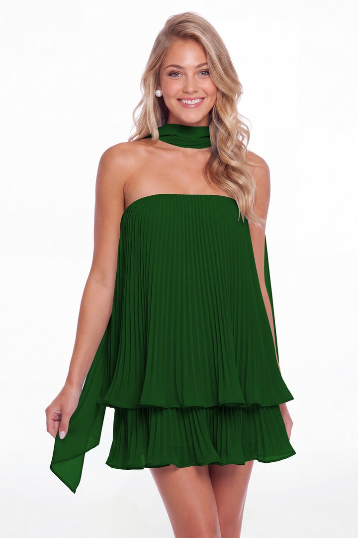 Emerald Green Two-Way Strapless Pleated Chiffon Tiered Mini Dress - Front View