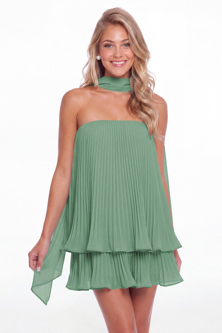Eucalyptus Two-Way Strapless Pleated Chiffon Tiered Mini Dress - Front View