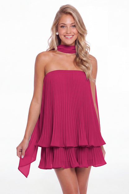 Fuchsia Two-Way Strapless Pleated Chiffon Tiered Mini Dress - Front View