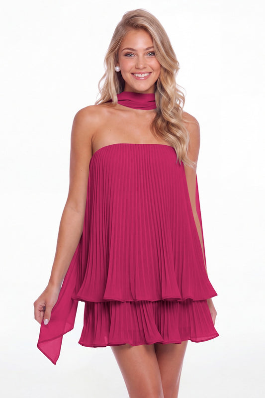 Fuchsia Two-Way Strapless Pleated Chiffon Tiered Mini Dress - Front View