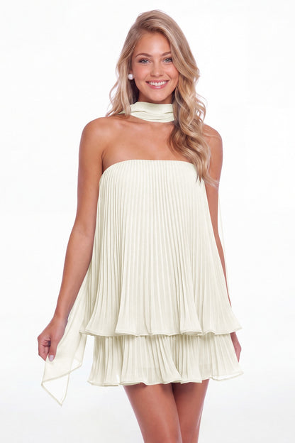 Ivory Two-Way Strapless Pleated Chiffon Tiered Mini Dress - Front View