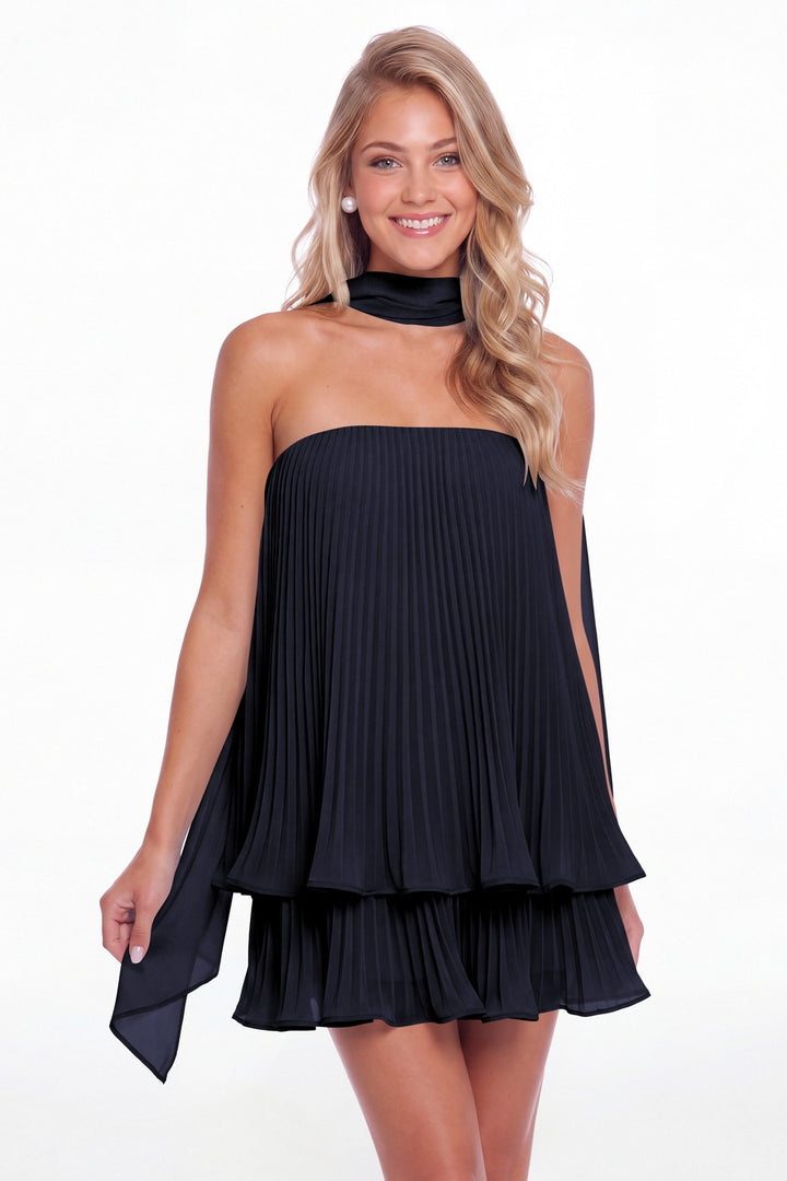 Navy Blue Two-Way Strapless Pleated Chiffon Tiered Mini Dress - Front View