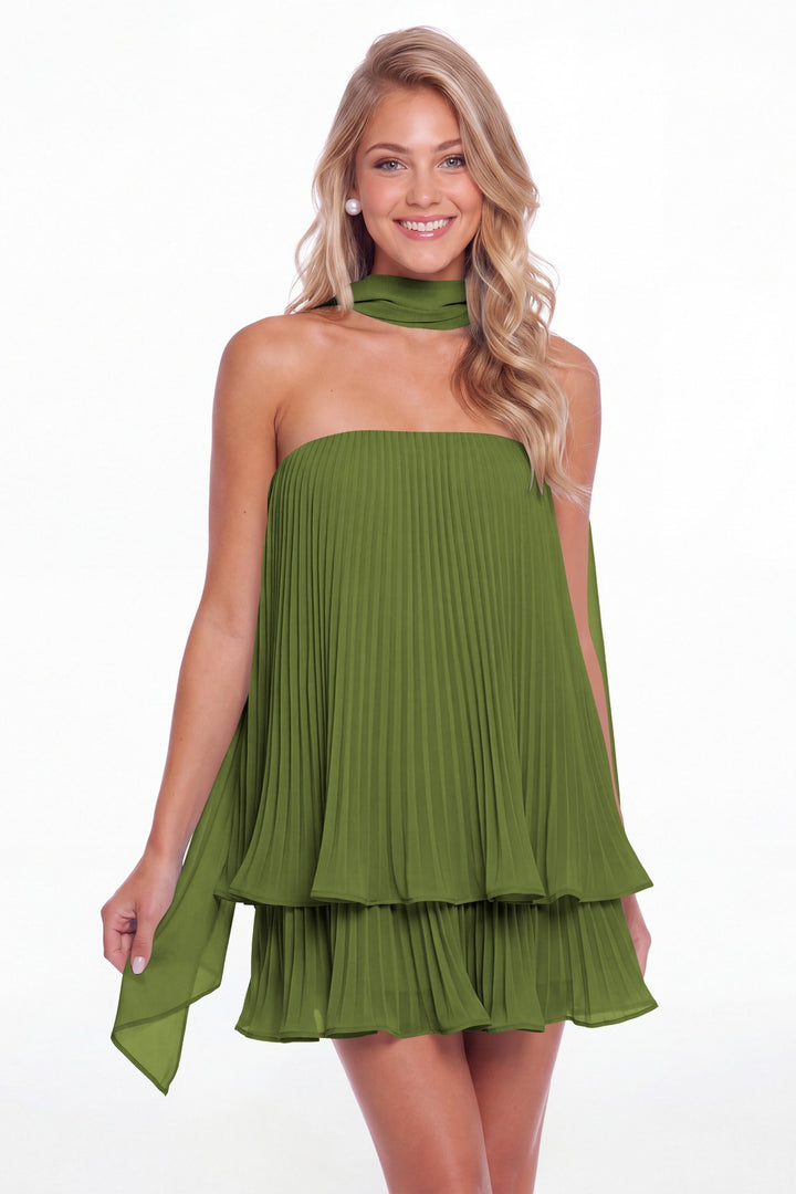Olive Green Two-Way Strapless Pleated Chiffon Tiered Mini Dress - Front View