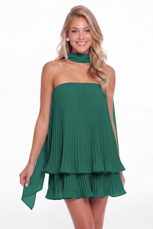 Peacock Two-Way Strapless Pleated Chiffon Tiered Mini Dress - Front View