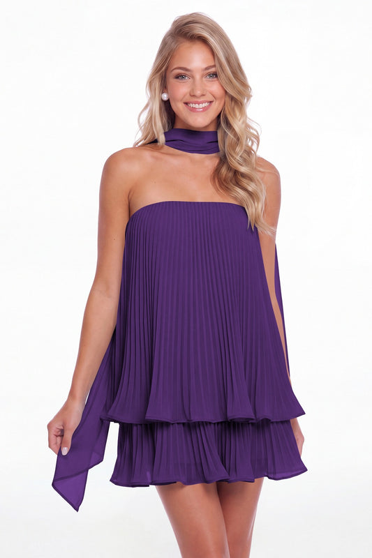Purple Two-Way Strapless Pleated Chiffon Tiered Mini Dress - Front View
