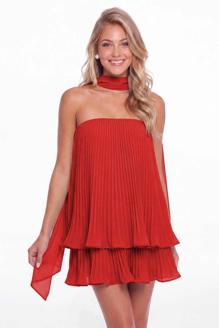 Red Two-Way Strapless Pleated Chiffon Tiered Mini Dress - Front View