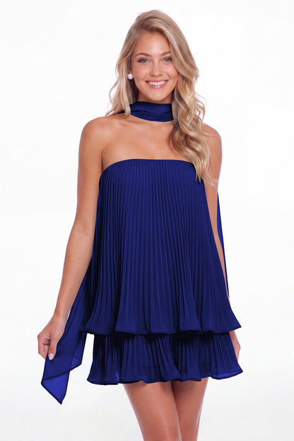 Royal Blue Two-Way Strapless Pleated Chiffon Tiered Mini Dress - Front View