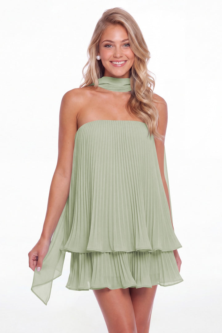 Sage Green Two-Way Strapless Pleated Chiffon Tiered Mini Dress - Front View