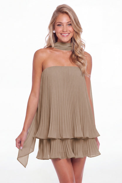 Taupe Two-Way Strapless Pleated Chiffon Tiered Mini Dress - Front View