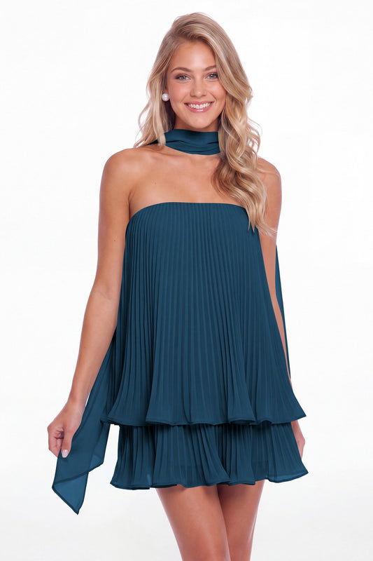 Teal Two-Way Strapless Pleated Chiffon Tiered Mini Dress - Front View