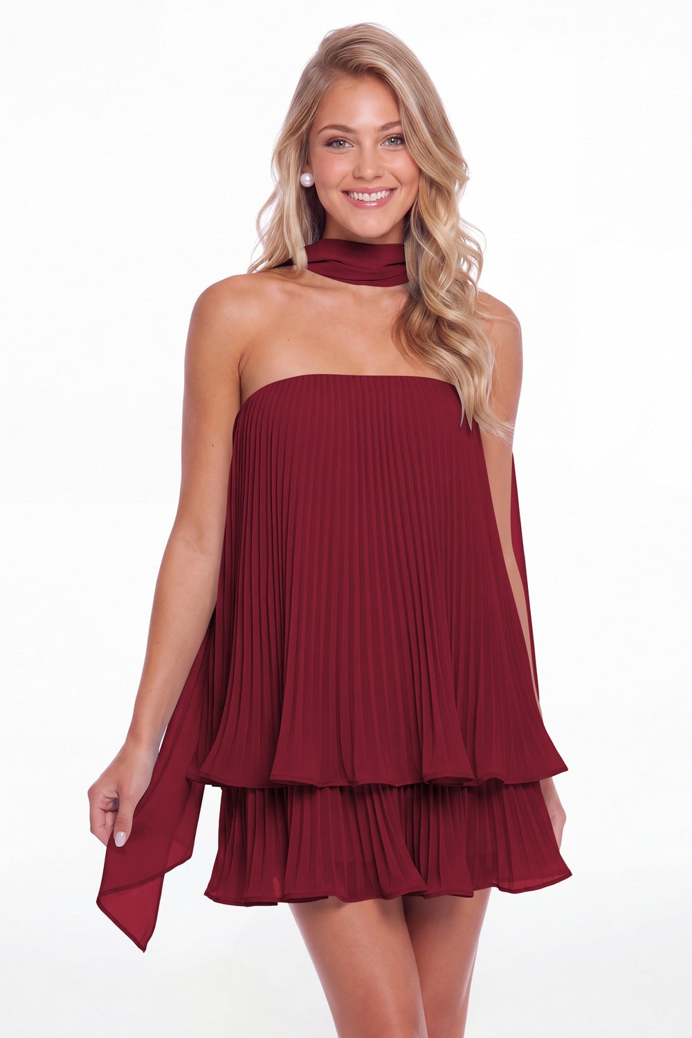 Wine Red Two-Way Strapless Pleated Chiffon Tiered Mini Dress - Front View