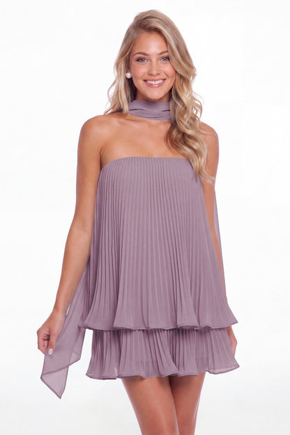 Wisteria Two-Way Strapless Pleated Chiffon Tiered Mini Dress - Front View