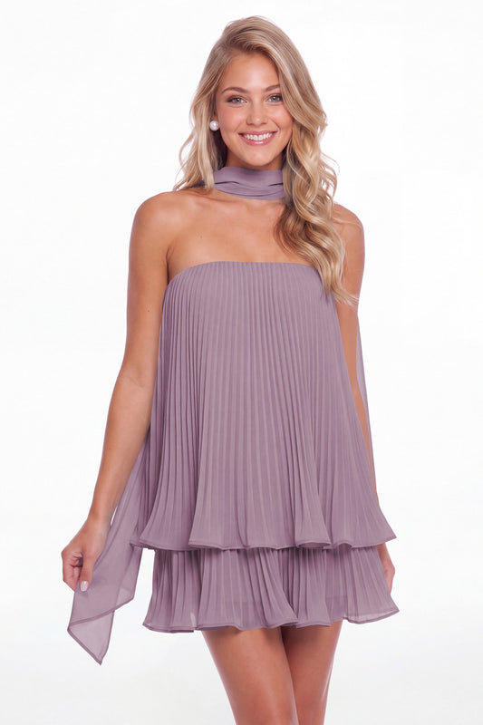 Wisteria Two-Way Strapless Pleated Chiffon Tiered Mini Dress - Front View
