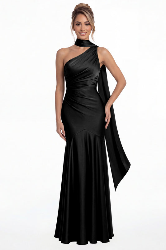 Black One Shoulder Ruched Satin Sash Mermaid Maxi Gown - Front View