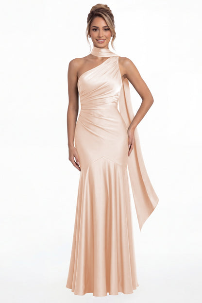 Blush Pink One Shoulder Ruched Satin Sash Mermaid Maxi Gown - Front View