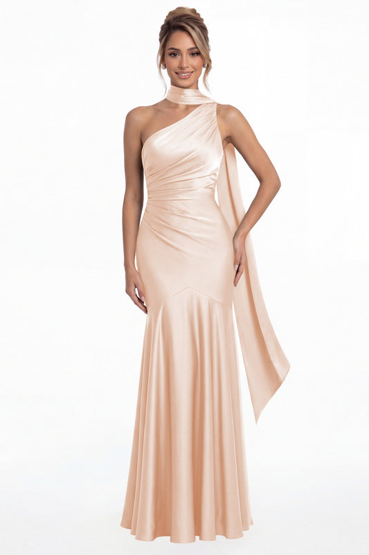 Blush Pink One Shoulder Ruched Satin Sash Mermaid Maxi Gown - Front View